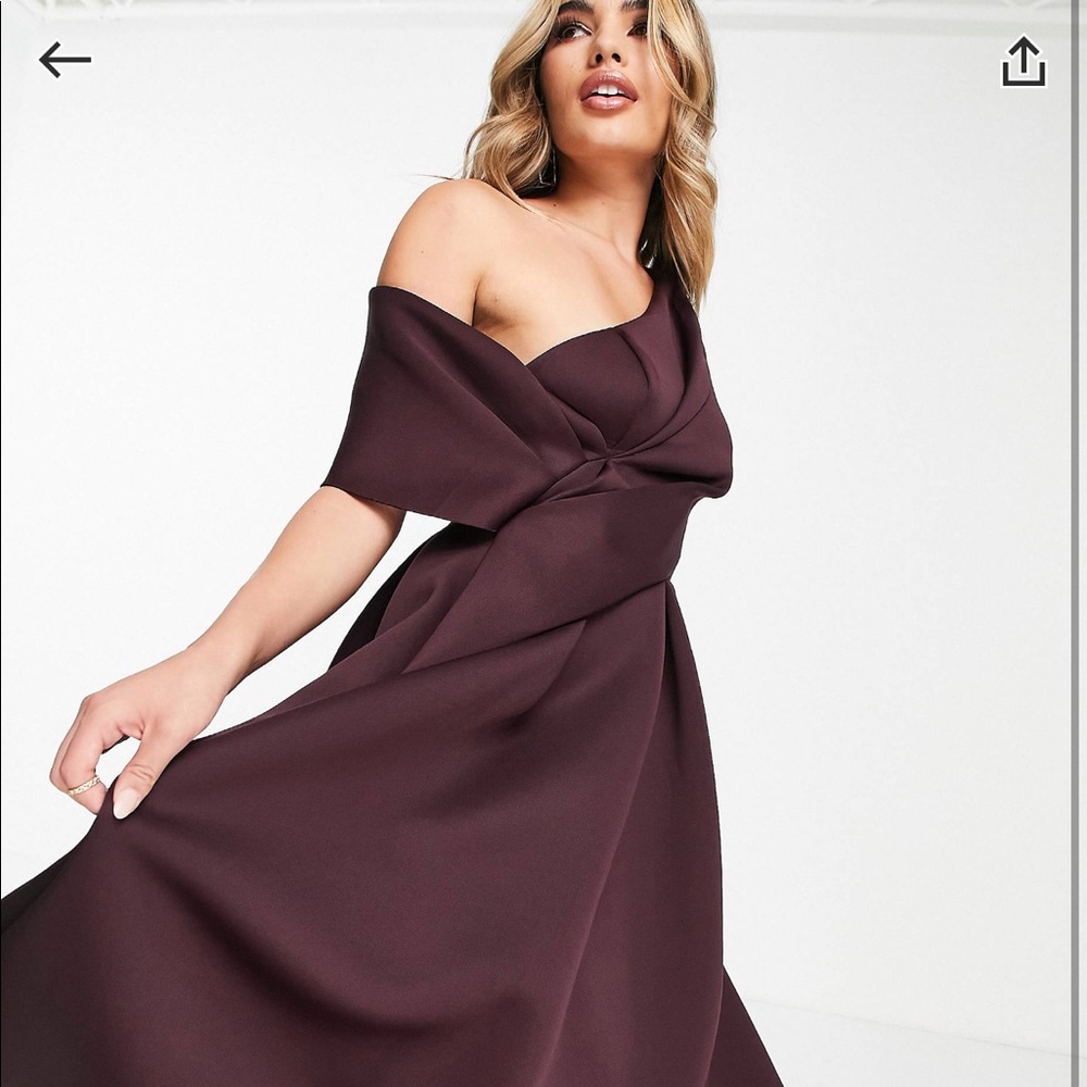 ASOS DESIGN bare shoulder prom midi dress in aubergine